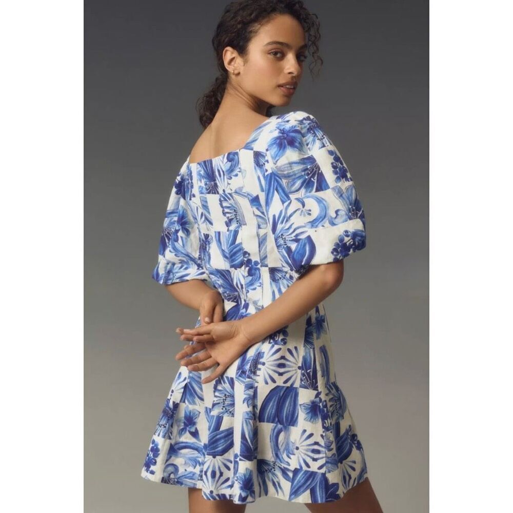 NWT Farm Rio Garden Tiles Blue Floral Linen Puff Sleeve Mini Dress XL Resort - Picture 3 of 9